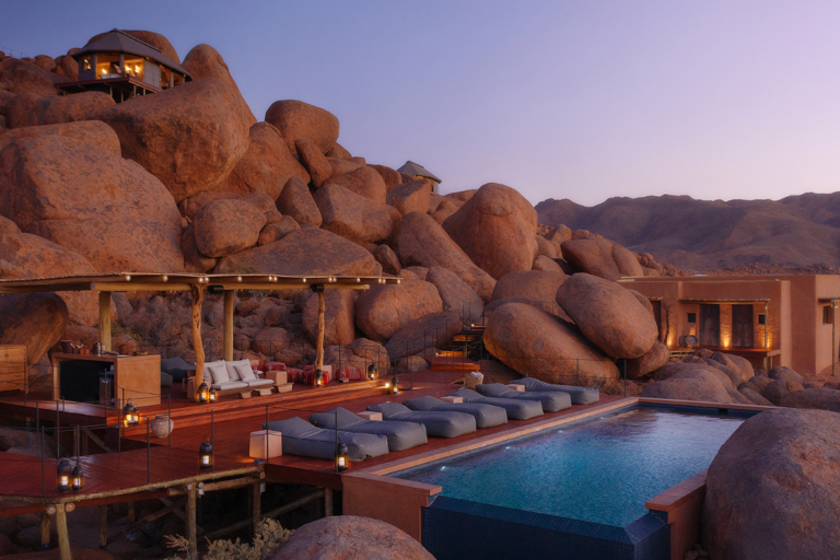 Swimming pool looking out over the Namib Desert at Zannier Hotels Sonop